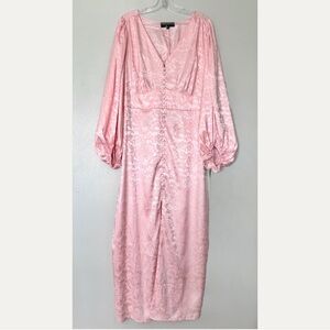 ELOQUII Pink Satin Floral Jacquard V-neck Long sleeves Maxi Dress Size 16